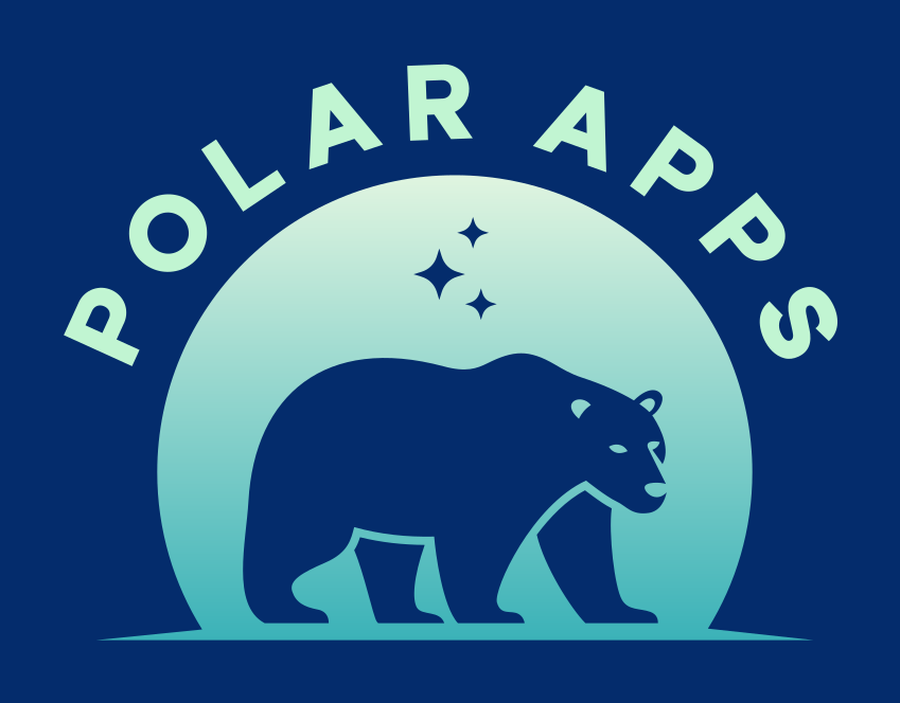 Polar Apps — a polar bear walking beneath an aurora-lit arch with northern stars